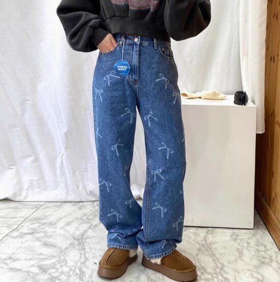 パンツ レディース リボン柄ワイドデニムパンツ セミワイドデニム ロングデニム ハイウエスト カジュアルガーリー Y2K 韓国 人気 トレンド 新作 20代 30代 きれいめ レトロ シンプル 5,193円