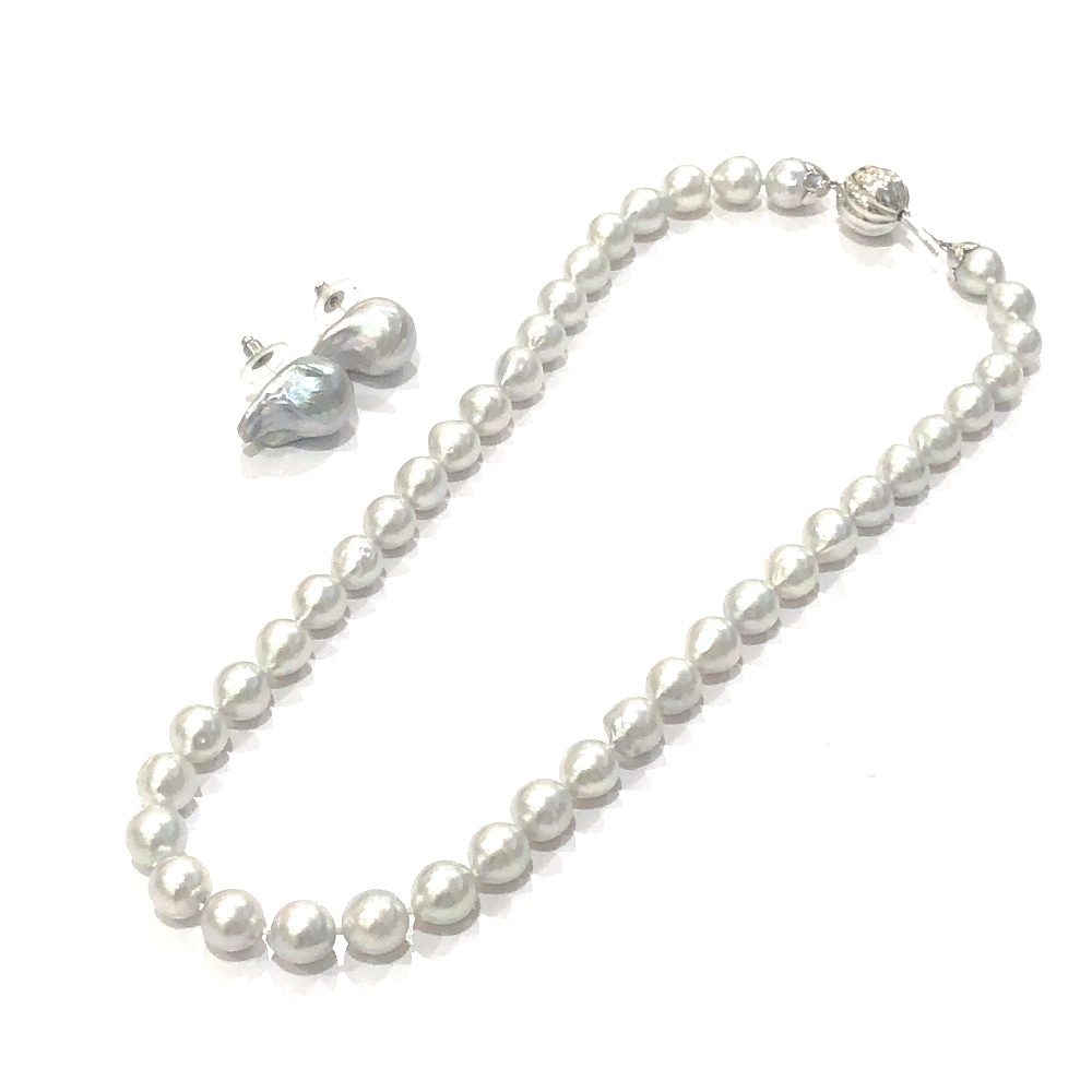 jewelry ジュエリー ネックレス K18金具 バロックパール 9ｍｍ～9.5mm ネックレス SV925金具 ピアスセット パール シルバー