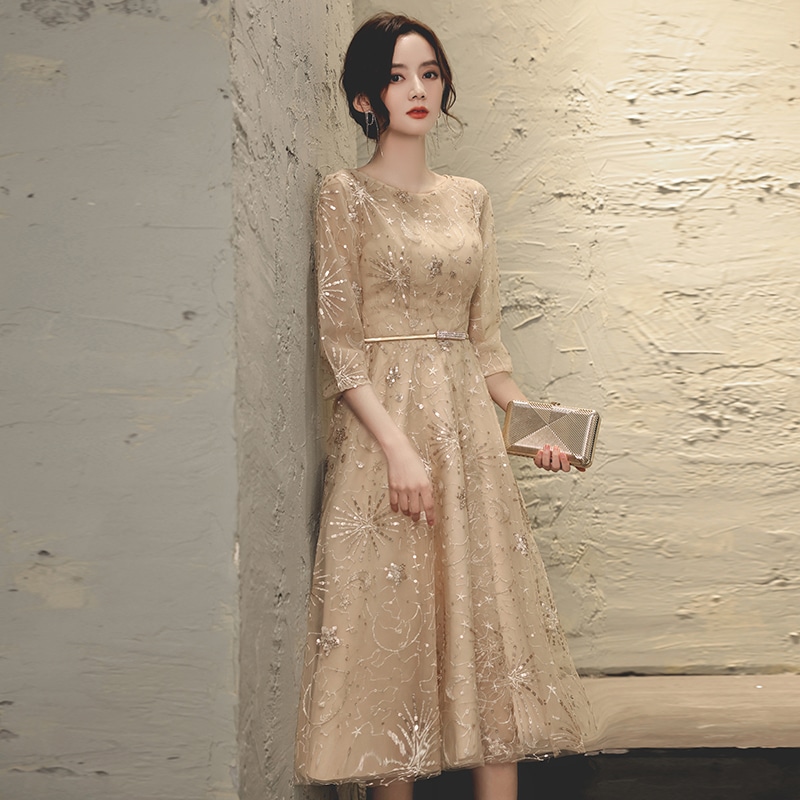 ドレス 衣装 カクテルドレス ミディアム丈ドレス 7分袖 ラウンドネック ウエストベルト シースルー フレア キラキラ バックシャン ロング丈 ステージドレス 発表会 かわいい 大人可愛い きれいめ