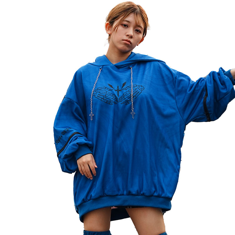 ACDC RAG HELL パーカー 長袖 原宿系 原宿 ファッション 病みかわいい 病みかわ 悪魔 女の子 イラスト ハート パンク ロック ネイビー