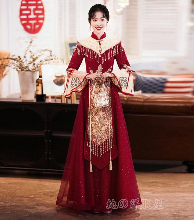 ロング丈 チャイナドレス 中国風ウエディングドレス マキシ丈 長袖 袖フリル 立体花 造花 金色な刺しゅう ゴージャス ラメ きらきら チャイナ風 フォマール パーティードレス ケープ付き フリンジ