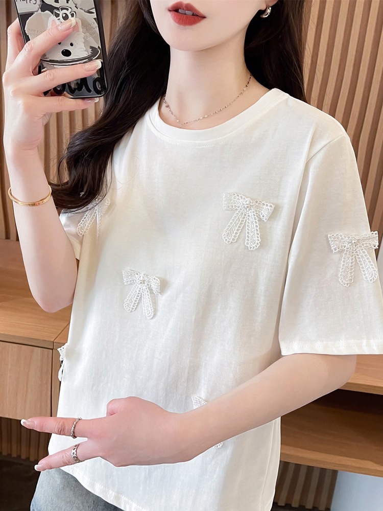 【1点ご購入 で10点プレゼントいたします】リボンTシャツ女性半袖2025韓国版ゆったり半袖トップス