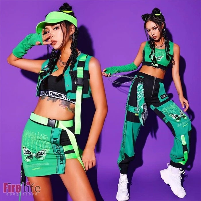ダンスウェアセール 大人ダンス衣装 レディース グリーン カーゴパンツ トップス セットアップ hiphop jazz ジャズダンス ミニ丈 セクシー 943円ポイント