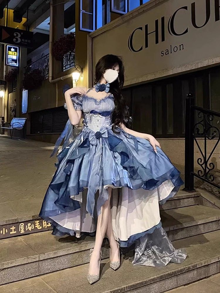 ブルーウェディングドレス ロリータドレス 重工業テール ふわふわプリンセスドレス プリンセスゴージャスドレス