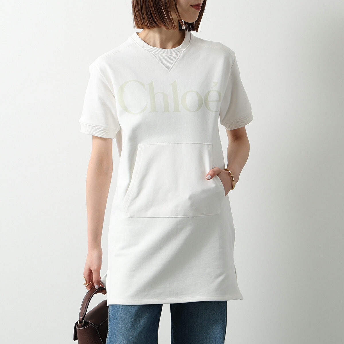 Chloe Kids クロエ キッズ ワンピース C21230 レディース ガールズ スウェット 半袖 ロゴ チュニック 117/OFFWHITE