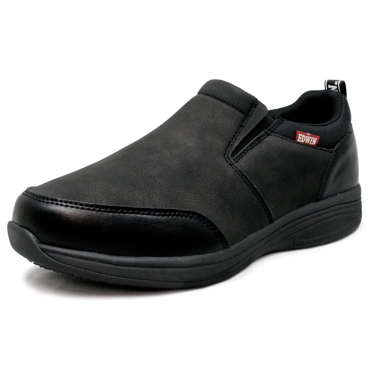 [エドウィン] スリッポン スニーカー メンズ 6E 幅広 甲高 防水 軽量 耐滑底 PUレザー 紐なし ウォーキングシューズ edm72 黒 ブラック 25.0