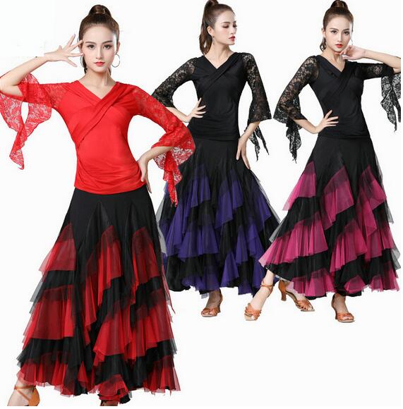 ラテン社交ダンスウエアレースｔシャツ+スカート レイヤード風スカートゴージャス社交ダンス衣装 ステージ衣装 練習着 豪華モダンなスカートセットアップ マキシ丈演出用 大きい裾 ダンスウェア