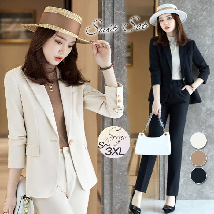 パンツスーツ レディース 結婚式 セットアップ スーツ ブラックフォーマル 春 夏 長袖 ロング丈 ビジネススーツ リクルート オールシーズン対応 通勤 OL おしゃれ 入学式 卒業式 エレガント カ