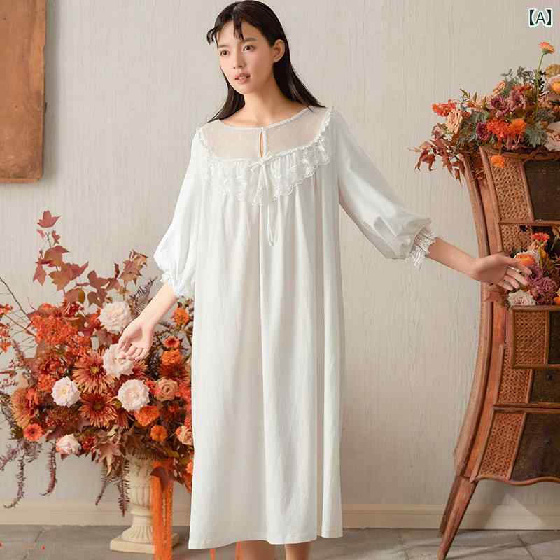 ネグリジェ 宮殿風 レディース 春夏 レースフリル シフォン ワンピース パジャマ パフスリーブ 透け感 七分袖 ミディ丈ドレス ナイト ルーム ホームウェア ゆるふわ 着心地 華奢 屋外着用可 シン