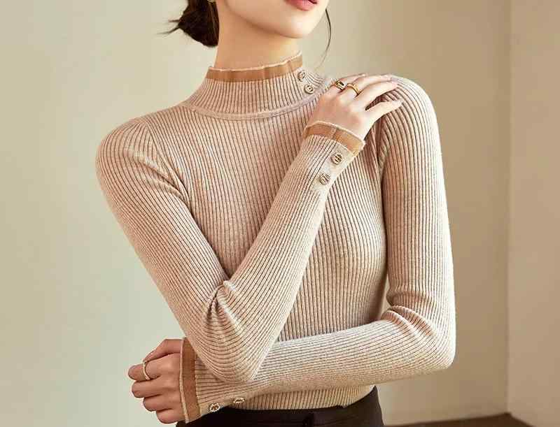 レディース ハイネック ニット 秋冬 韓国 長袖 トップス セーター インナー スリム フィット 通気性 柔らかい 暖かい シンプル カジュアル エレガント 黒 白 アプリコット