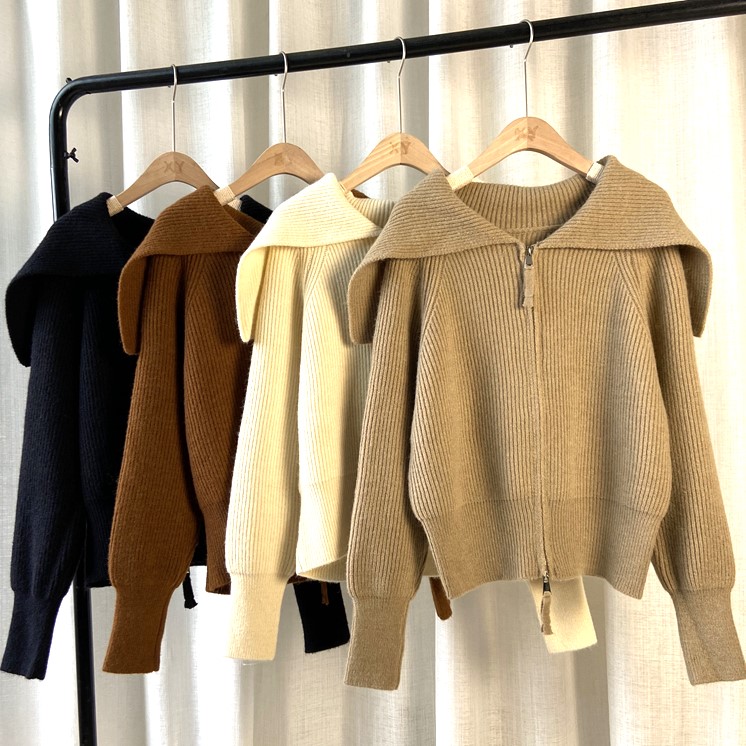 秋 冬 無地 ニット セーター カーデガン セーラーデザイン フロントジッパー ブラック 外国風 ブラック カーキ ホワイト S M L XL 2XLトップトレンディトップス レディース かわいい 大