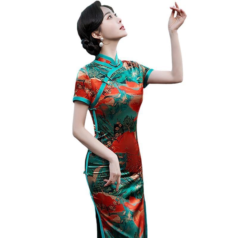 チャイナドレス レディース パーティー イベント フォーマル お呼ばれ コスプレ きいサイズ 夏 ワンピース レトロ 半袖 ミディ丈 グリーン エレガント スリット スリムフィット