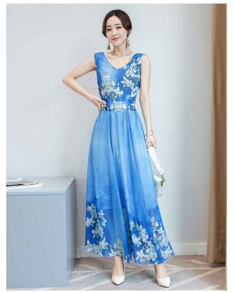 1945.Vネックシースルーロングドレス（ブルー）2019 春夏 sale 春夏 sale ワンピース フレア ノースリーブ エレガント お呼ばれ パーティー 結婚式 披露宴 女子会 レストラン デー