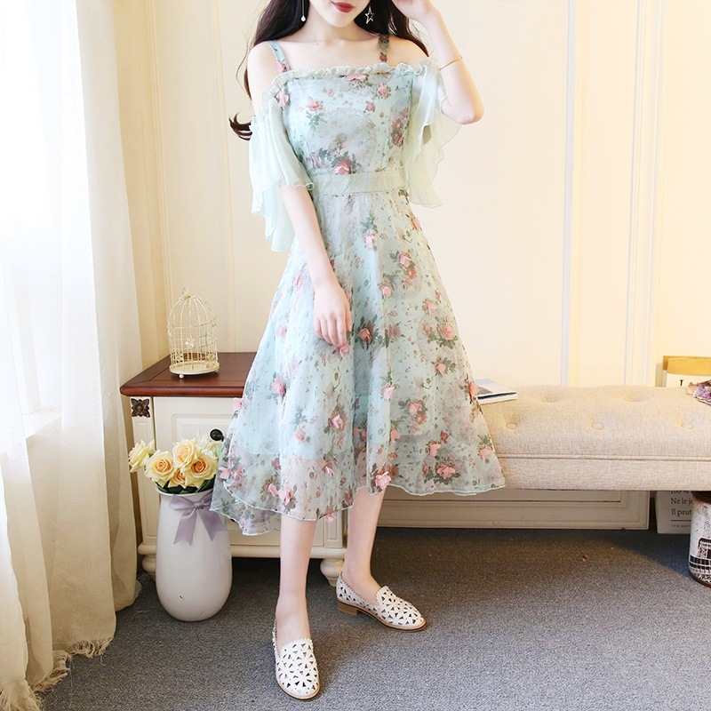 1652.花柄オフショルダーロングワンピース（グリーン）2019 春夏 sale パーティー 二次会 お呼ばれ デート 記念日 レストラン