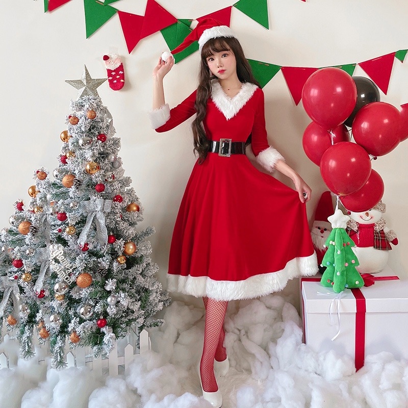 大人のクリスマス衣装女性のクリスマス衣装ホリデーパーティー衣装サンタクロースのロングスカートドレス外国貿易国境を越えた