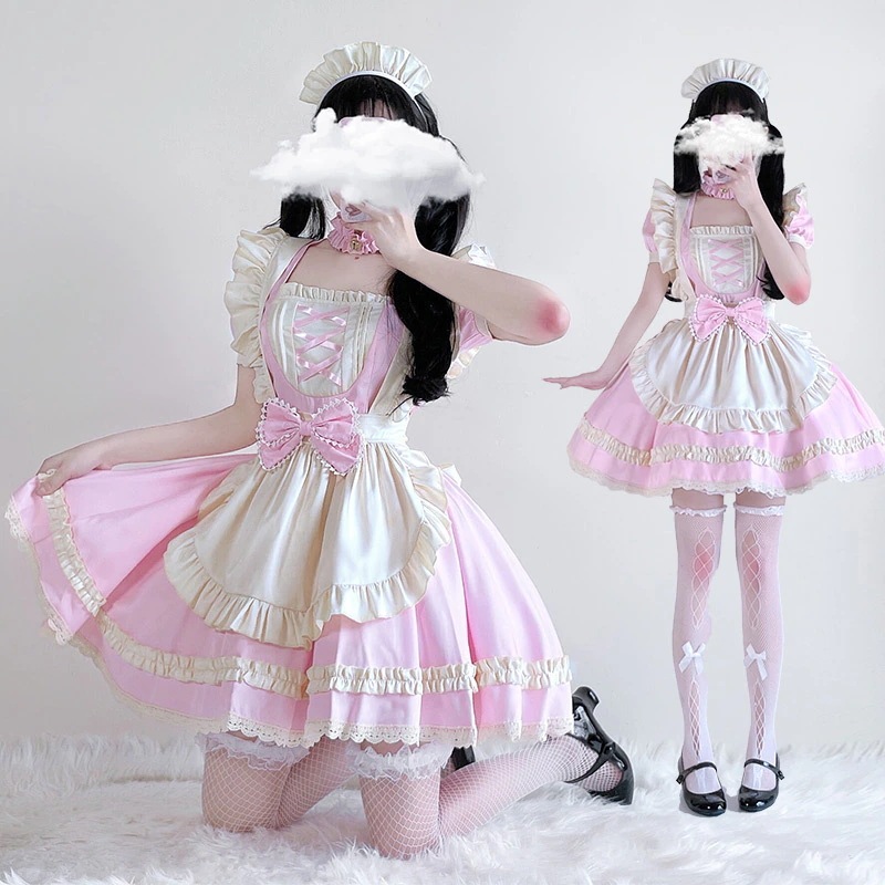 日本のソフトガールの甘いOPショートメイドドレス二次元かわいいロリータピンクのロリータふくらんだスカート