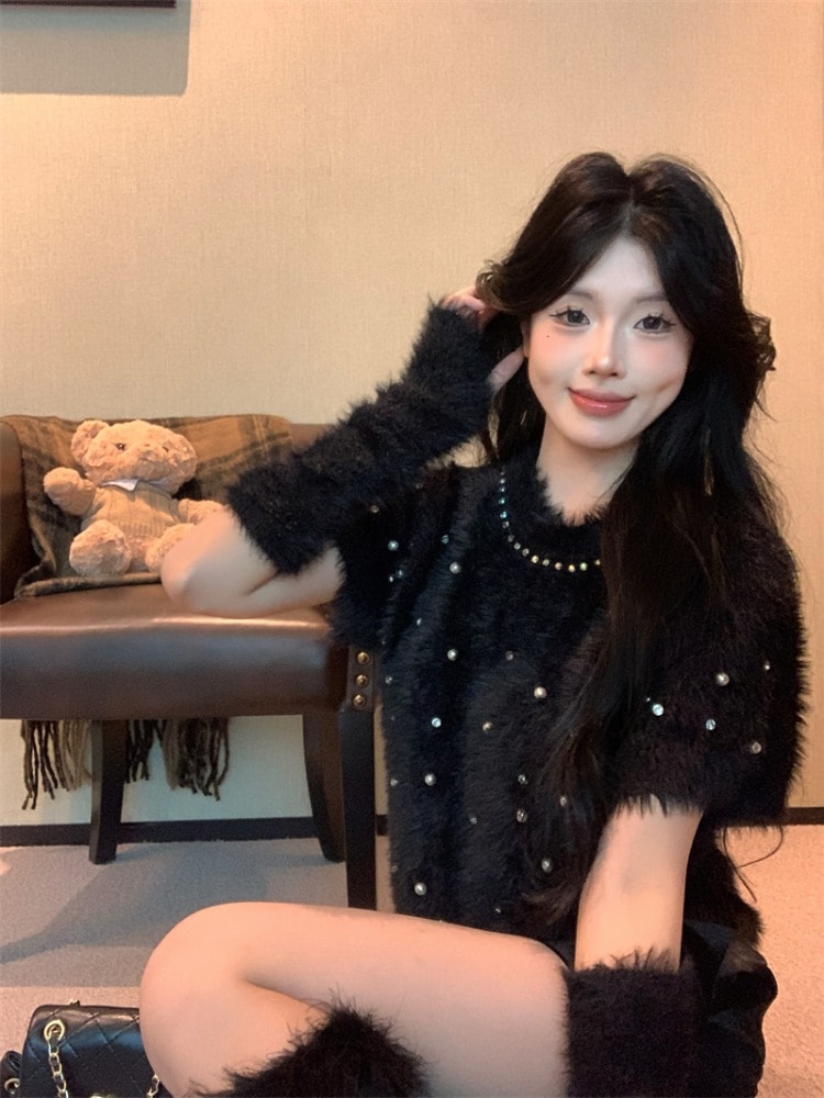 ダイヤモンドパールブラックセーターレディース秋冬ワクシーベルベットセーターゆったり半袖トップス