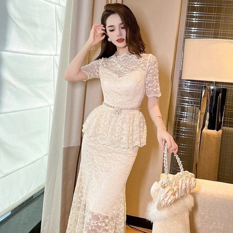 【JY.上品】 夏 レース ワンピース レイヤード マーメイド 体型カバー パーティードレス キャバ 着痩せ 大人 同窓会 披露宴 卒業式 結婚式 演奏会 ウェディング 二次会 発表会30%までに制限