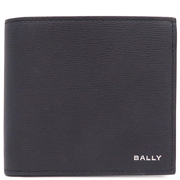 バリー BALLY 二つ折り財布 クロッシング レザー ネイビー シルバー金具 紺 コンパクト 6304558 【箱】【中古】
