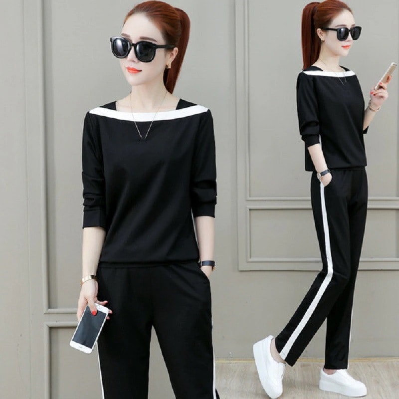 セットアップレディース春秋2点セット長袖トップス長ズボントランクススポッツウェア体型カバー着痩せきれいめ通勤304050