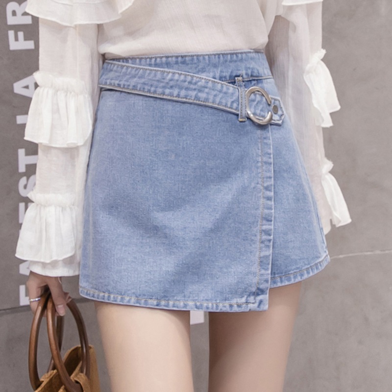 デニムショートパンツ女性2021年新夏韓国ファッションイレギュラーハイウエストAラインスカートパンツ薄手のワイドレッグホットパンツ 品質が完璧 新品即決