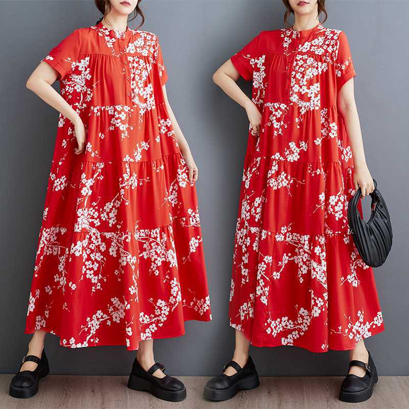 「ファットガール」 2024夏新品 レッド ロングワンピース 大きいサイズ 花柄 体型カバー レディース ワンピース メガ割30%までに制限