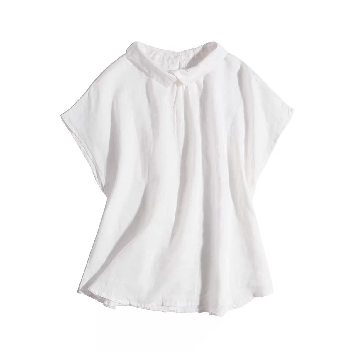 レディース トップス シャツ ブラウス 半袖 Uネック ラウンドネック 襟付き 角襟 バックコンシャス ボタン ヴィンテージ アメカジ 薄手 リネン 綿 異素材ミックス コットン 麻 かわいい