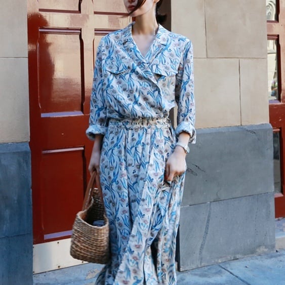 レディース ワンピース シャツワンピース 花柄 レトロ ボタニカル ロング丈 ミモレ丈 301