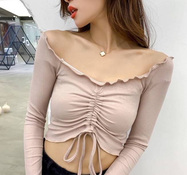モテコーデ トップス シャツ トップス ショート ショート丈 袖あり 長袖 スクエアネック オフショルダー オフショル タイト 細身 3way かわいい 可愛い シンプル カジュアル