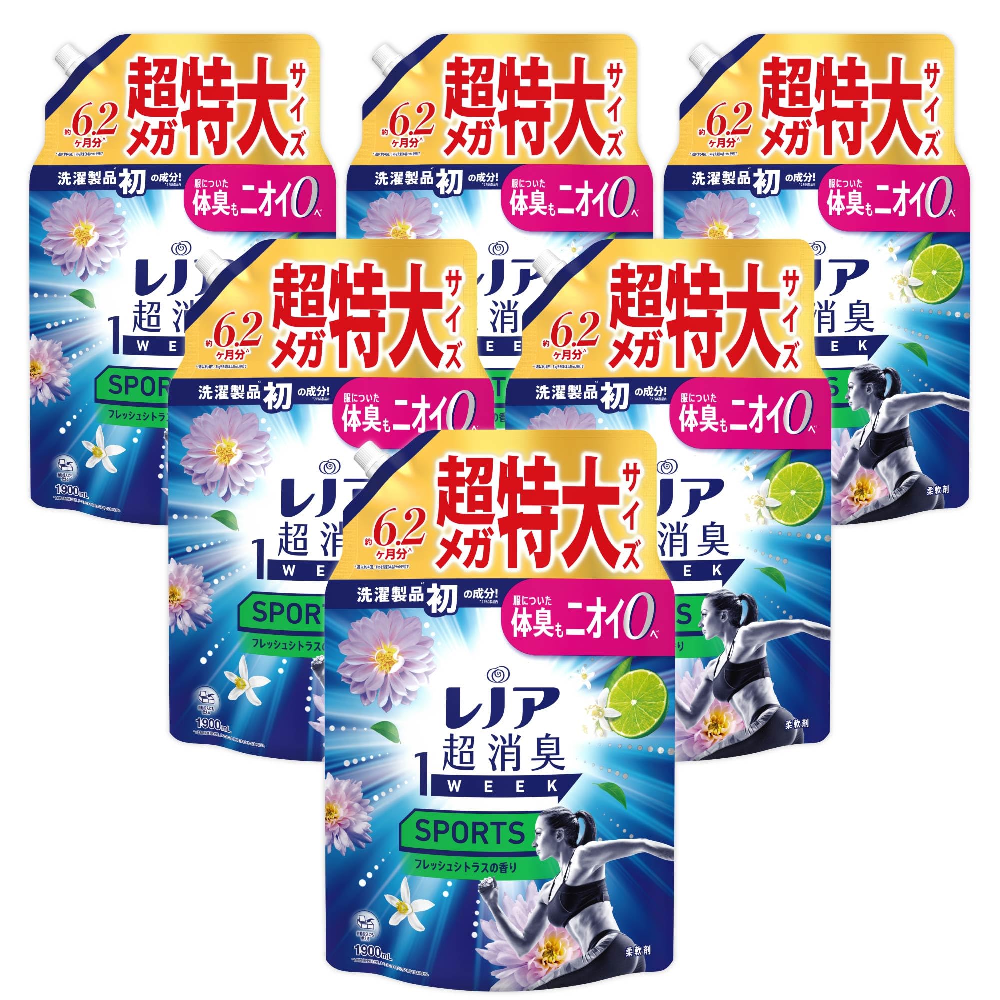 Lenor 超消臭1WEEK 柔軟剤 SPORTS フレッシュシトラスの香り 詰め替え 1900mLｘ6袋 [大容量] [ケース品]