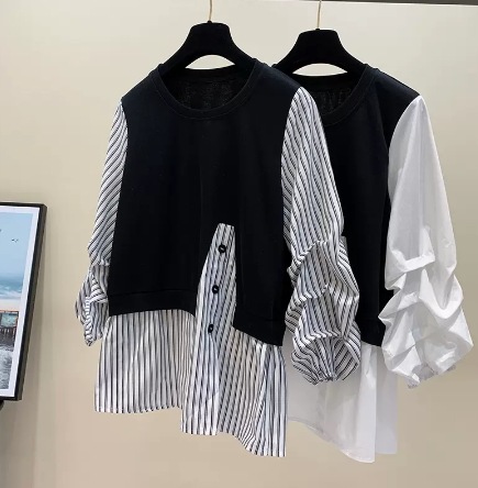 重ね着風トップス ブラウス カットソー ニットソー 長袖 パフスリーブ ストライプ ストレート 切り替えデザイン 伸縮性 かわいい 大人可愛い きれいめ 大人 上品 おしゃれ お洒落 レトロ 大人女子