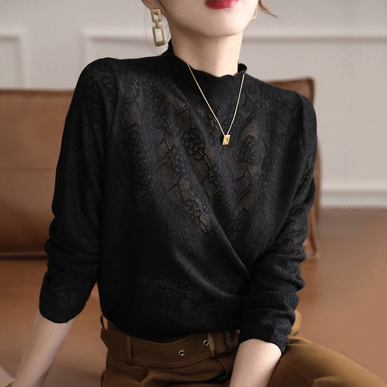 総レースカットソー レディース トップス 総レースブラウス シャツ ハイネック 花柄 レース インナー 長袖 立ち襟 透け感 細身 OL 大人可愛い きれいめ 上品 通勤 秋 冬 春 夏 重ね着