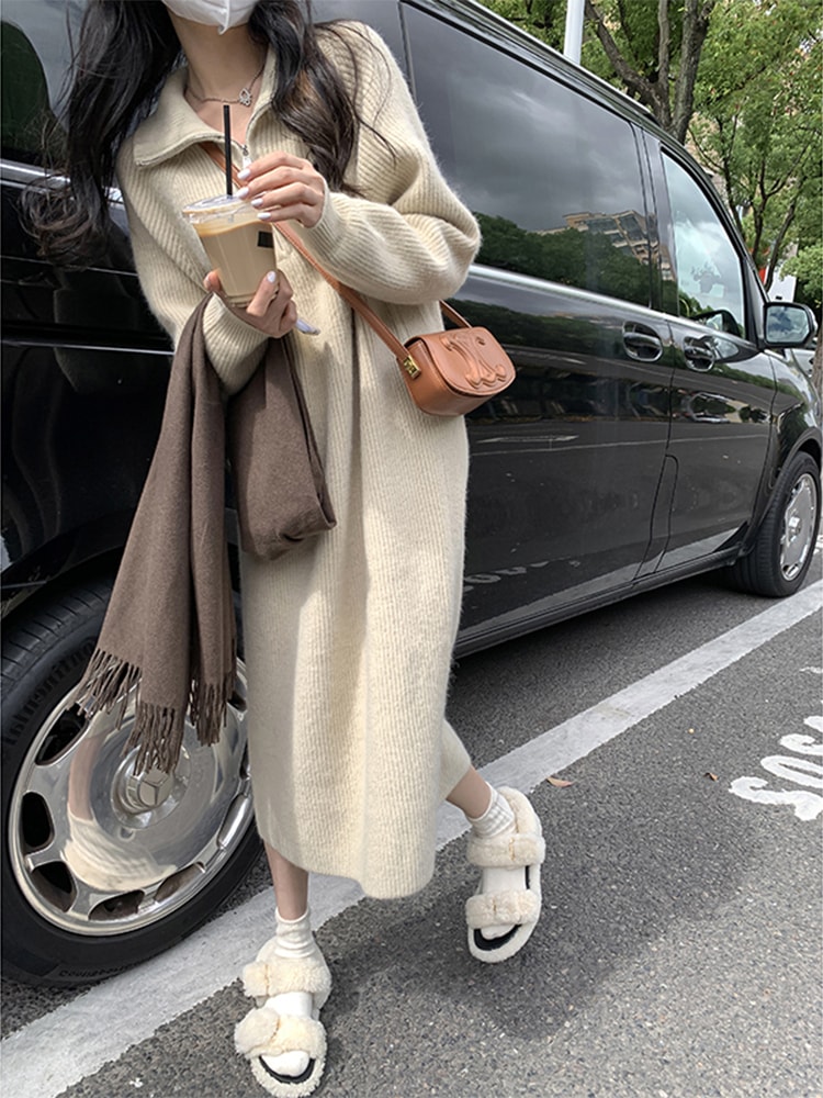 長袖ニットドレスサブ初秋2023新しい女性のポロネックセーターロングドレス