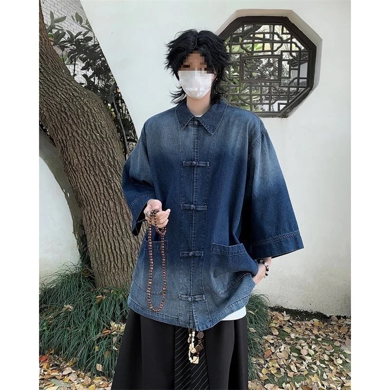夏の新風ボタンデニムシャツメンズ和風レトロウォッシュオールドカジュアルルーズジャケット