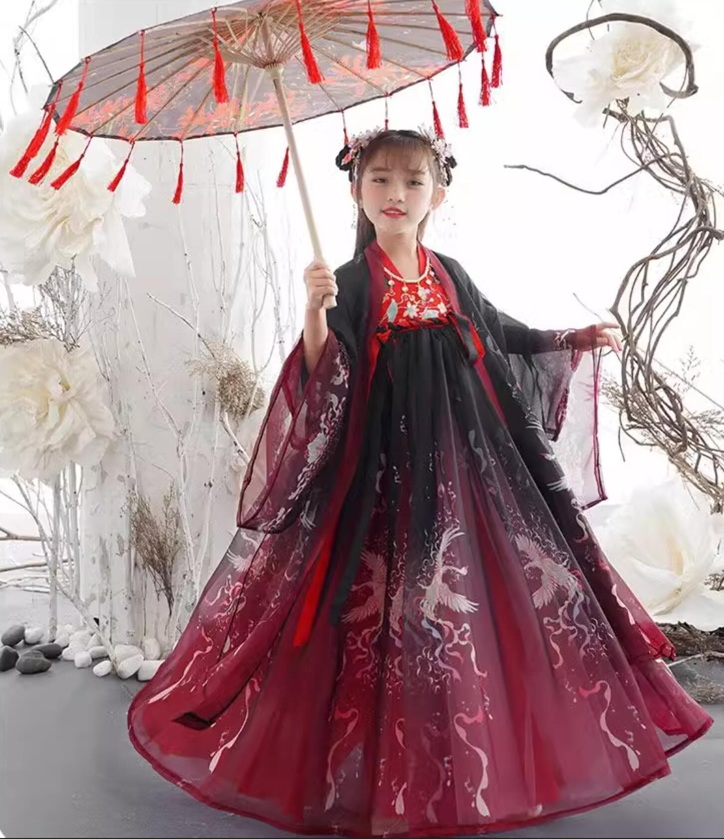 子供 漢服 女子 チャイナ服 中華コスプレ衣装 羽織付き 華やか お姫様 中国古代服装 振袖 ロング丈 中華服 華流 ハロウィン コスプレ衣装 チャイナドレス シフォン 飄逸 仙女 可愛い 花 鳳凰