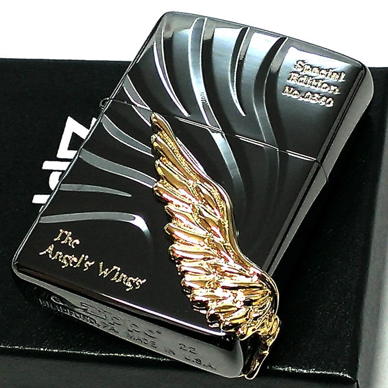 ZIPPO ライター エンジェルウイング 限定 天使の羽 ブラックニッケル ジッポ 大型メタル シリアルNO刻印 かっこいい 金差し エンジェルウィング 黒 両面加工 高級 メンズ おしゃれ ギフト