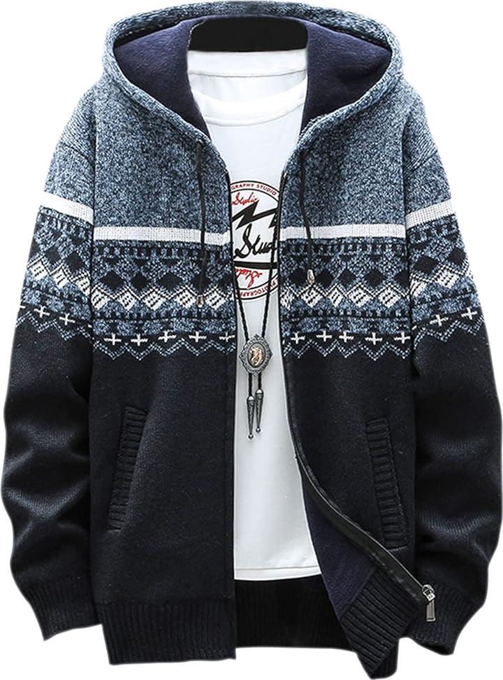オルテガ柄 メンズ ニット パーカー あったか ジップアップ カーディガン 前開き アウター( ネイビー, L)
