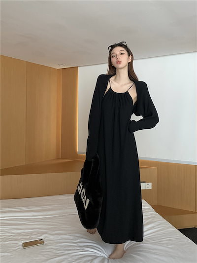 レイジースタイルホルタードレス女性春春バックレスネックロングドlレス黒シニアセンスレトロ緩いスカート6224529FRE
