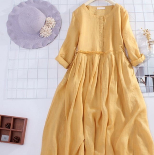 ワンピース ミモレ ロング 膝上 七分袖 ウエストリボン タック ラフ ルーズ カジュアル 大人可愛い かわいい シンプル 春 夏 おしゃれ おしゃれ デート お出かけ XL 2XL 3XL