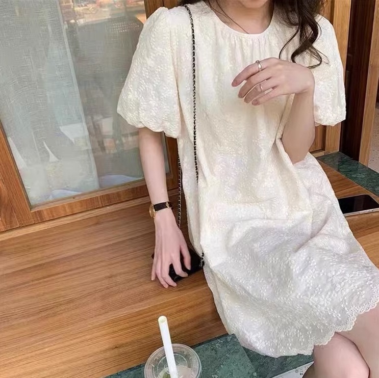 パフスリーブミニワンピース 花柄刺繍生地 花柄ワンピース レディース スカート ワンピース オールインワン フレアスカート ミニスカート ミニ ショート 膝上 半袖 5分袖 パフスリーブ Uネック