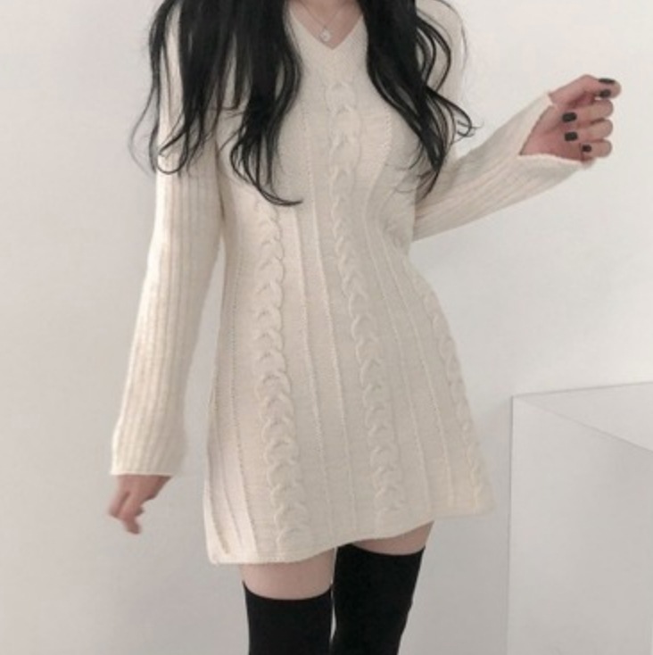 ワンピース デート かわいい 大人可愛い きれいめ シンプル カジュアル 大人 上品 おしゃれ ミニ丈 ニット ワンピ 長袖 Vネック タイト ホワイト ネイビー ブラック アプリコット 韓国 ピンク