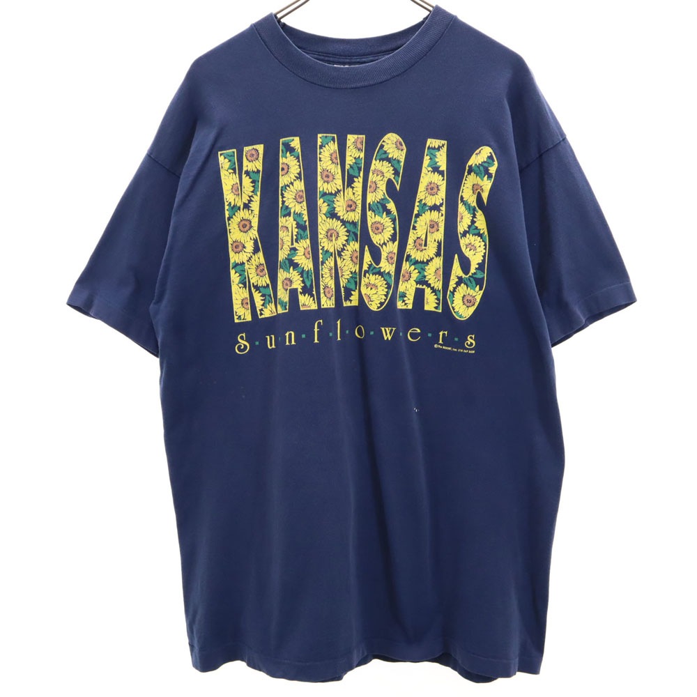 90s USA製 プリント 半袖 KANSAS ヒマワリ Tシャツ XL ネイビー系 オールド ヴィンテージ メンズ