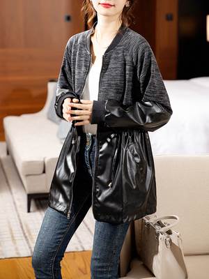 レディース レザージャケット ラウンドネック ミディアム丈 個性的 ステッチ アウター 袖あり長袖 襟付き ファスナー 前開き ミドルウエスト 異素材MIX カジュアル メンズライク モダン 大人 無