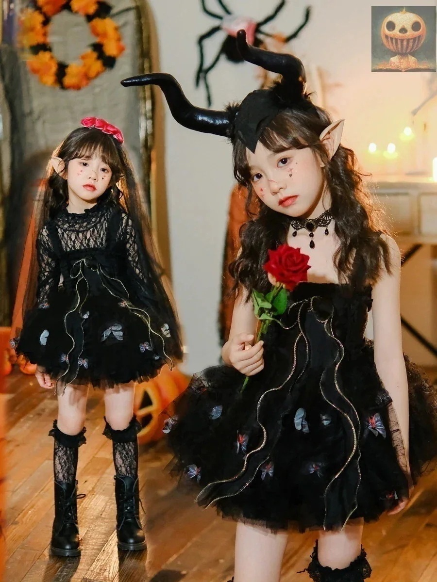 衣装 子供 悪魔 魔女 ワンピース 花嫁 鬼花嫁 精霊 ワンピース 蝶柄 キッズ コスチューム 魔女セット