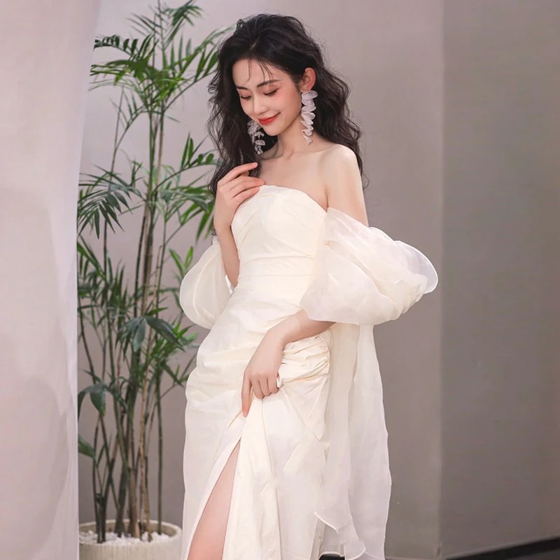 パーティードレス 誕生日 演奏会 花嫁 司会 シースウェディングブライダルシンプルロングサテンドレスウェルカムウェディングドレス