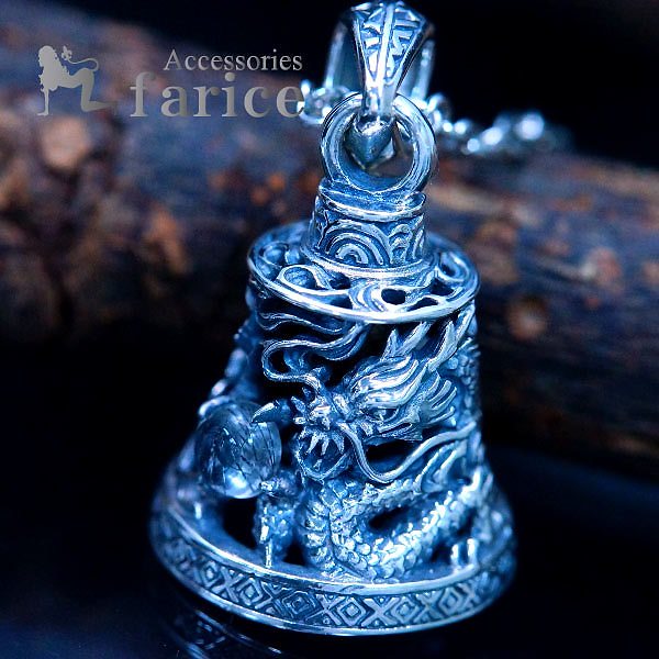 シルバーアクセサリー 天然石 ブラックルチルクォーツ ベル 鐘 ドラゴン 龍 籠目 メンズ