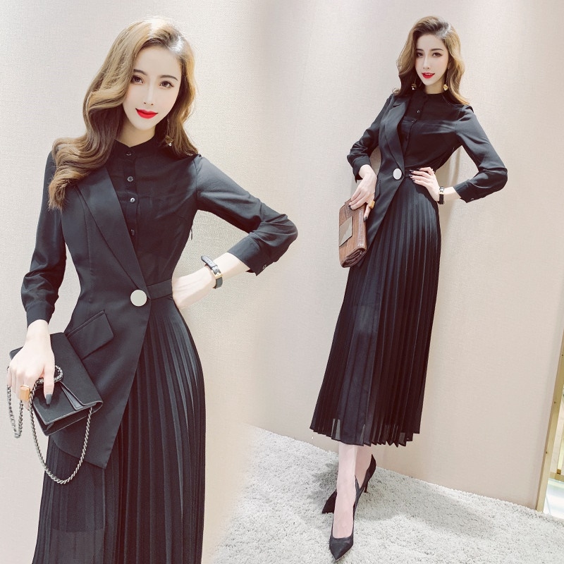 ワンピースの秋を気質女らしく偽の二つのvネック長袖の尺圧ひだドレス