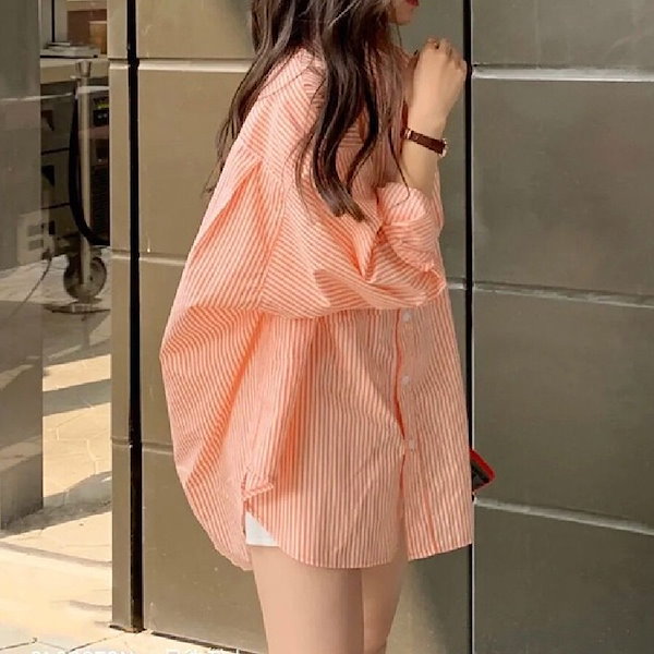 Qoo10] 2025 女性用オレンジストライプシャツ