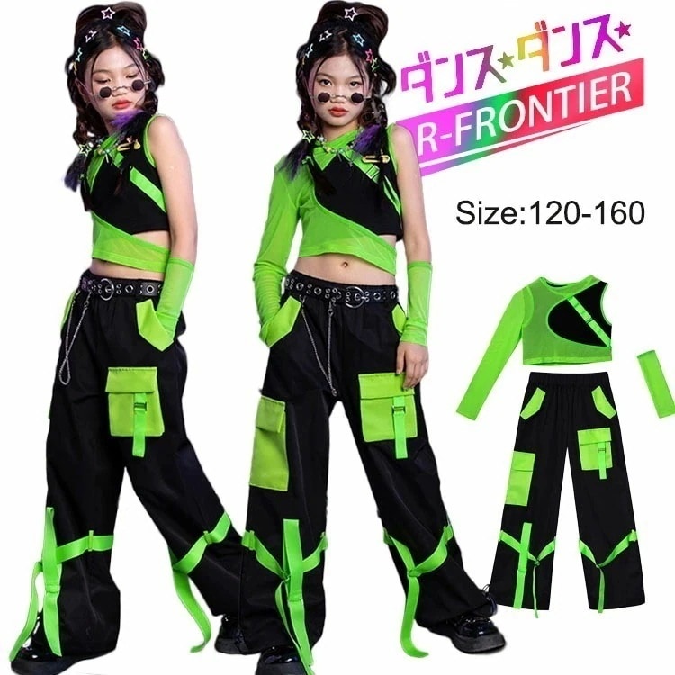 キッズ ダンス 衣装 セットアップ 女の子 カーゴパンツ へそ出しトップス 長袖 緑 メッシュシャツ タンクトップ グリーン ダンスパンツ 女の子 ジャズ ガールズ ジャズダンス チアダンス 韓国 演