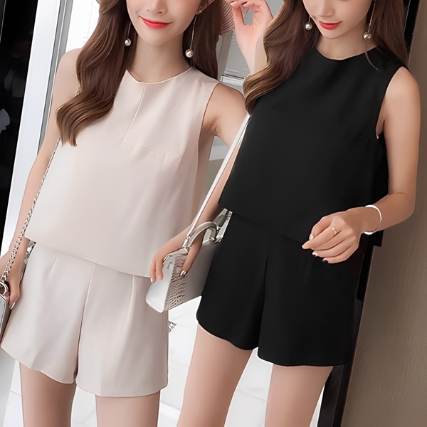 ２カラーレディースセットアップ２点セットスーツ上下セットツーピーストップス パンツ ベスト ショート クロップド丈 ノースリーブ ラウンドネック ストレート バックリボン ハイウエスト かわいい